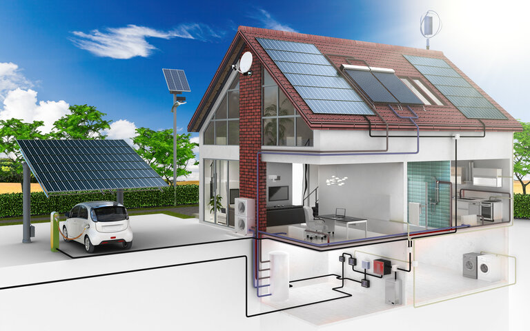 Einfamilienhaus Energieversorgung mit Landschaftshintergrund