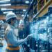 Ein Ingenieur mit Helm und Warnweste interagiert mit einer digitalen Benutzeroberfläche zur Predictive Quality Analytics, um Produktionsprozesse in Echtzeit zu optimieren.