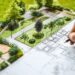 Gartenplanung mit Gabionensteine-Konzept auf Zeichnung
