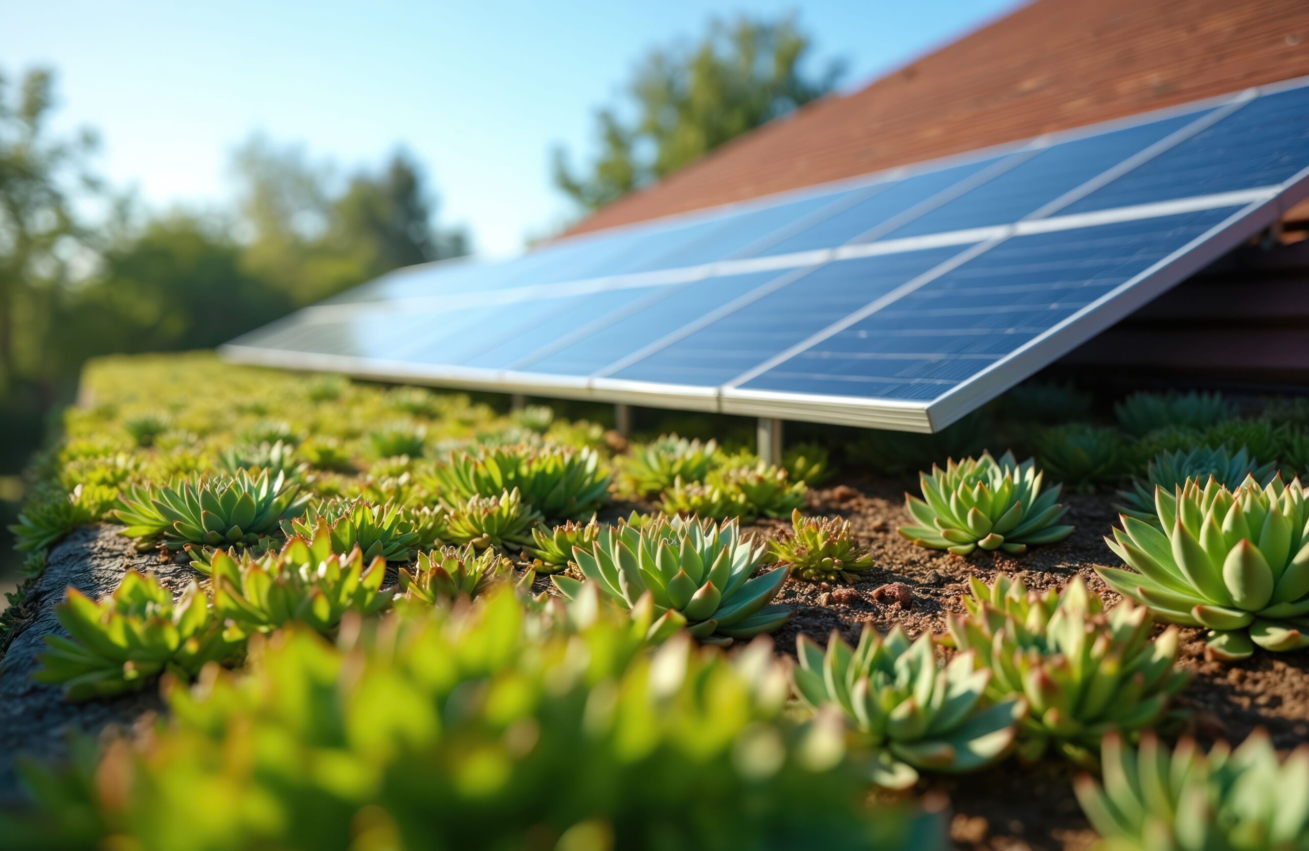 Grüner Sedumdach mit Solarpanelen, nachhaltige Lösung zur Minderung des Klimawandels, Energieeffizienz.