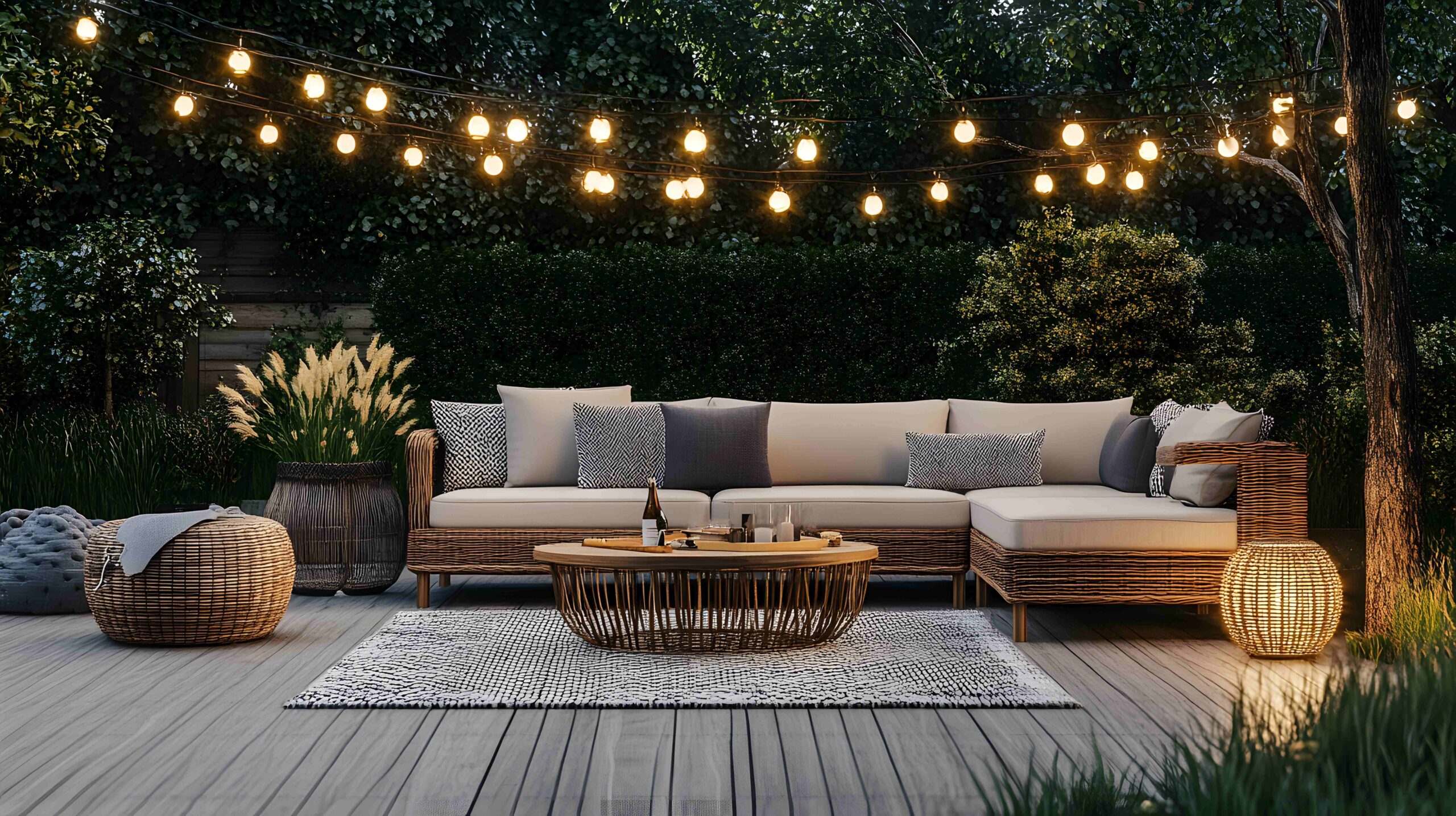 Eine schicke Terrasse im Freien mit einem Rattansofa-Set, einem Couchtisch und einer Lichterkette