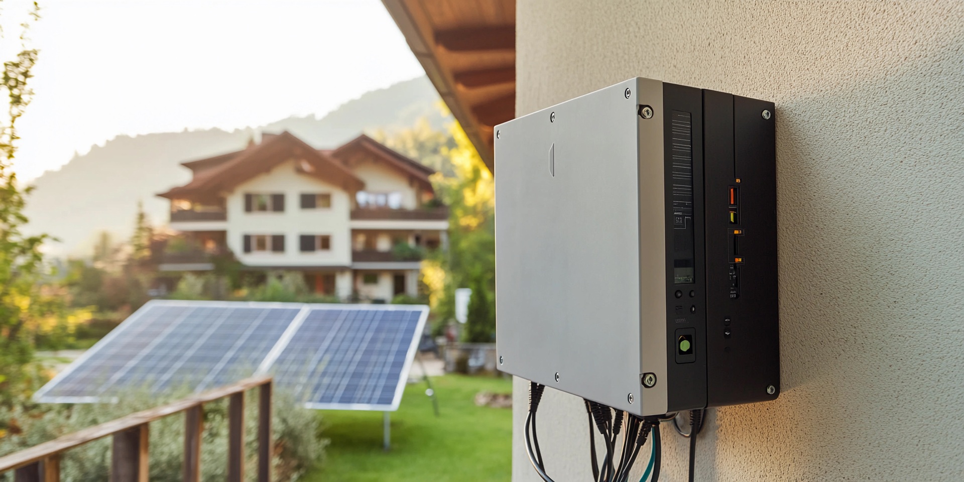 Solarspeicher-System an einer Hauswand installiert | Batteriewechselrichter