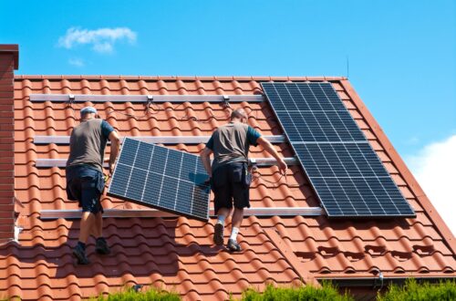 Handwerker installieren Solarpanels auf einem Hausdach | Batteriewechselrichter