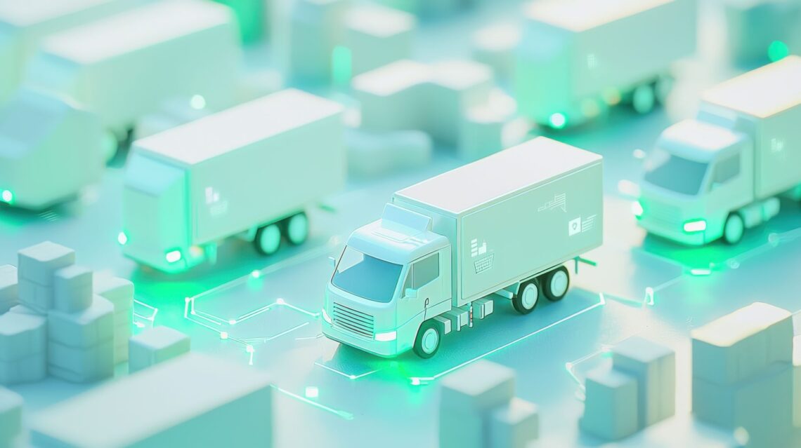 Abstraktes Bild von vernetzten LKWs mit digitalen Pfaden, Symbol fuer automatisierte Logistik und moderne Spesen App Nutzung
