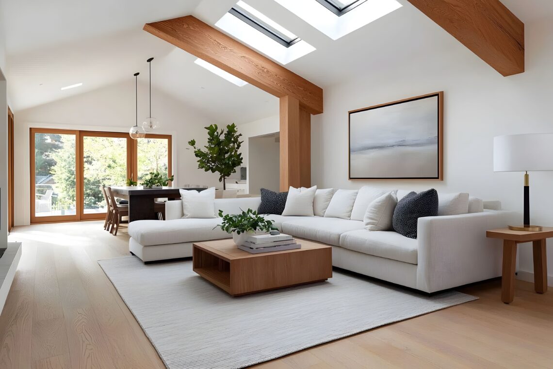 Geräumiges und einladendes Wohnzimmer mit einem modernen, minimalistischen Design, das eine bequeme Couch und einen Holztisch umfasst.