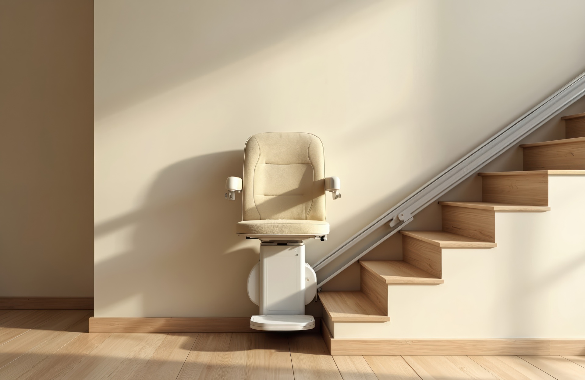 Sitzlift an Holztreppe im Wohnbereich | Treppenlift mit Plattform
