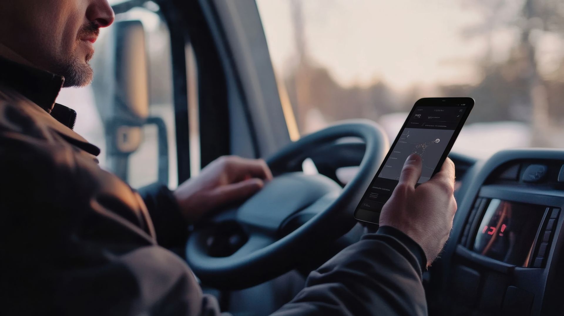 LKW Fahrer nutzt Smartphone zur digitalen Belegerfassung mit Spesen App direkt aus dem Fahrzeug heraus