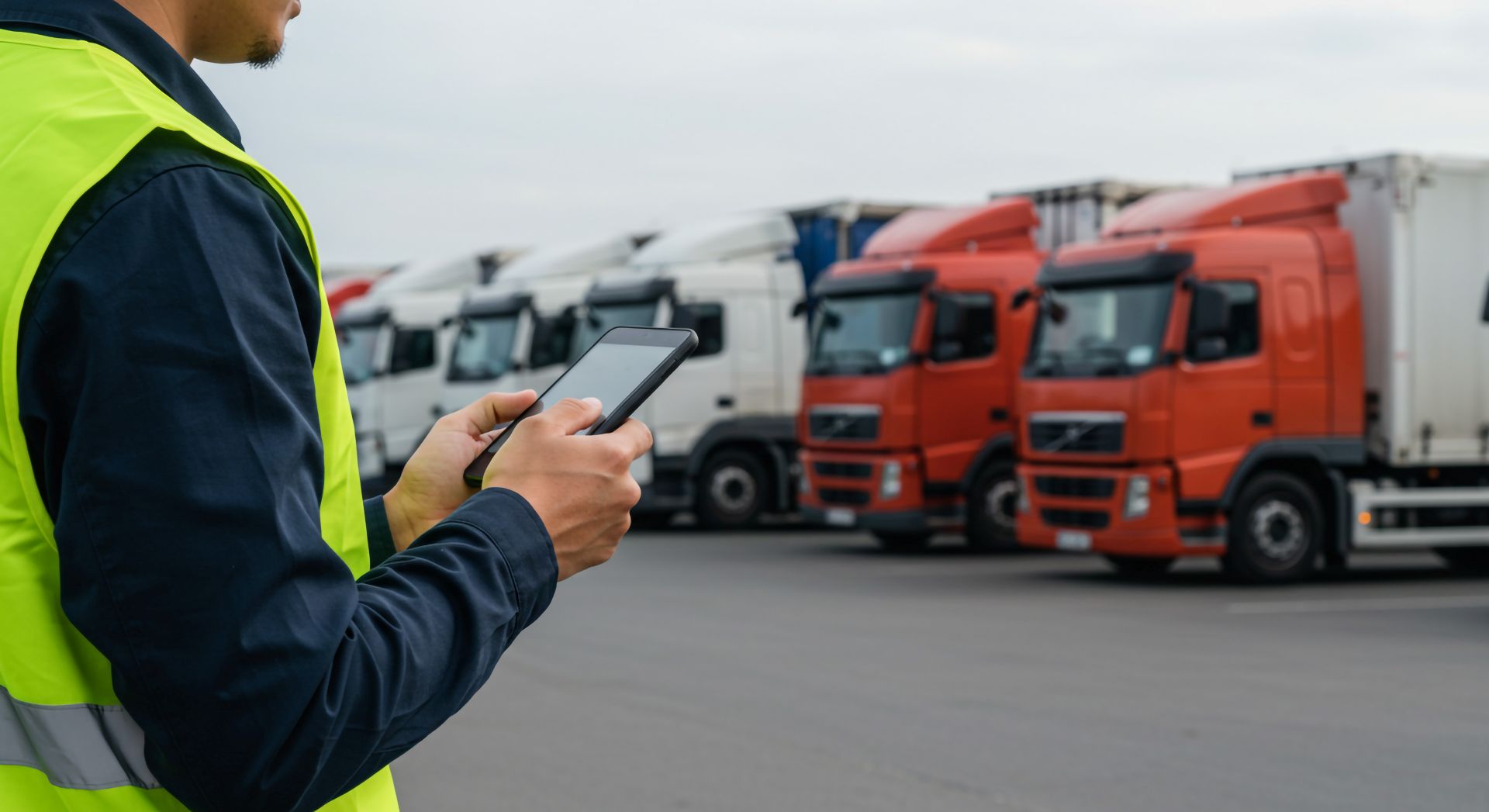 Logistikmitarbeiter mit Tablet vor LKW Flotte, mobile Datenerfassung mit Spesen App fuer Fahrten und Ausgaben