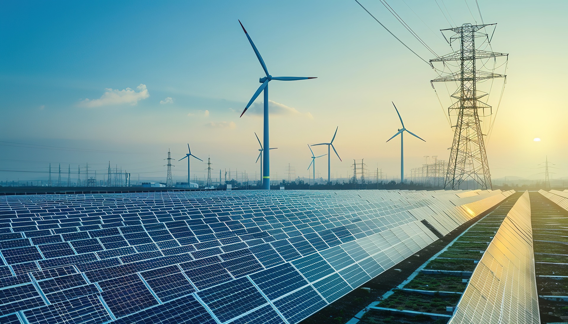 Solarpark mit Windraedern bei Sonnenuntergang | Photovoltaikanlage Gera